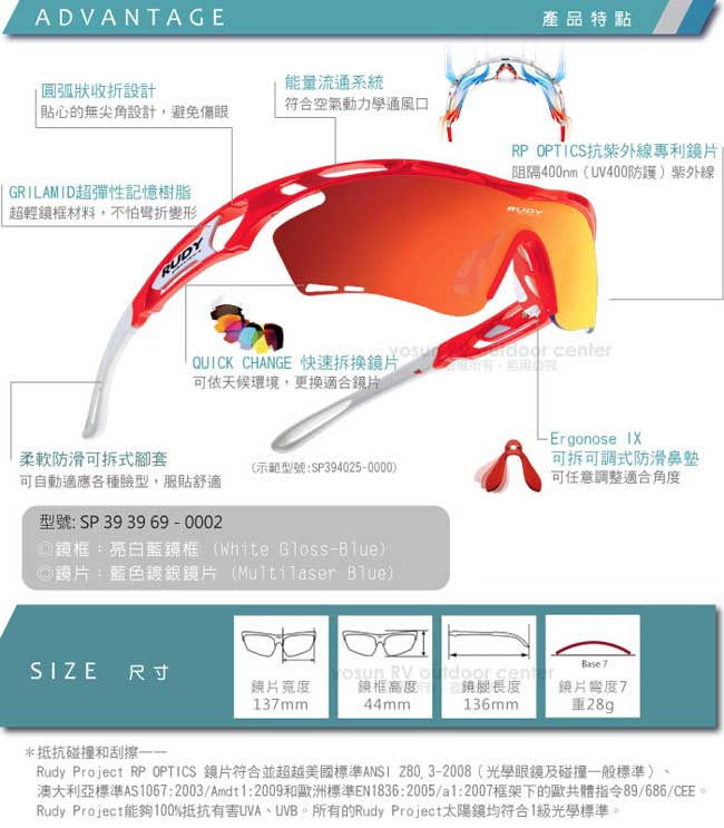 Rudy Project】TRALYX 專業防爆變色運動眼鏡_亮白藍框+藍色多層膜鏡片