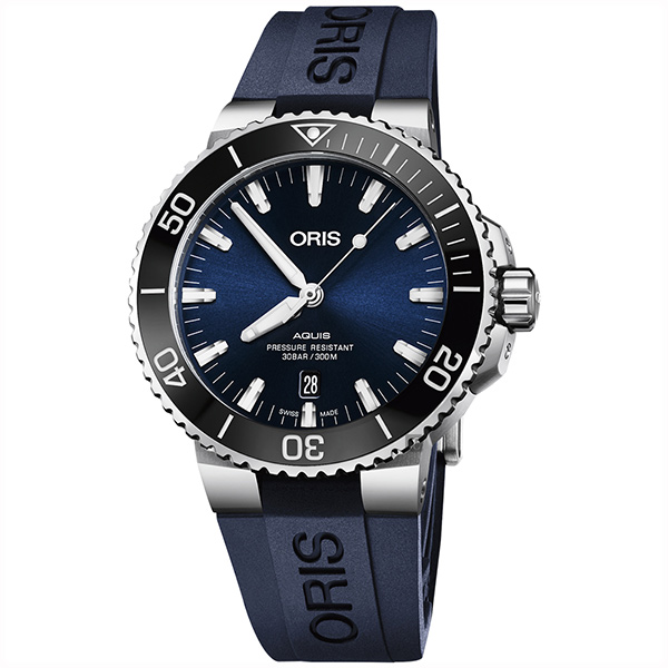 Oris豪利時 Aquis 時間之海潛水300米日期機械錶-藍x藍色膠帶/43.5mm