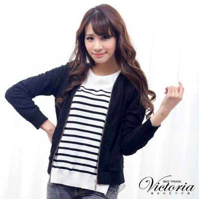 Victoria 無領蕾絲長袖外套-女-黑