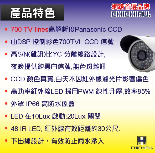 監視器攝影機 - 奇巧CHICHIAU Panasonic 48燈700條高解析紅外線夜視