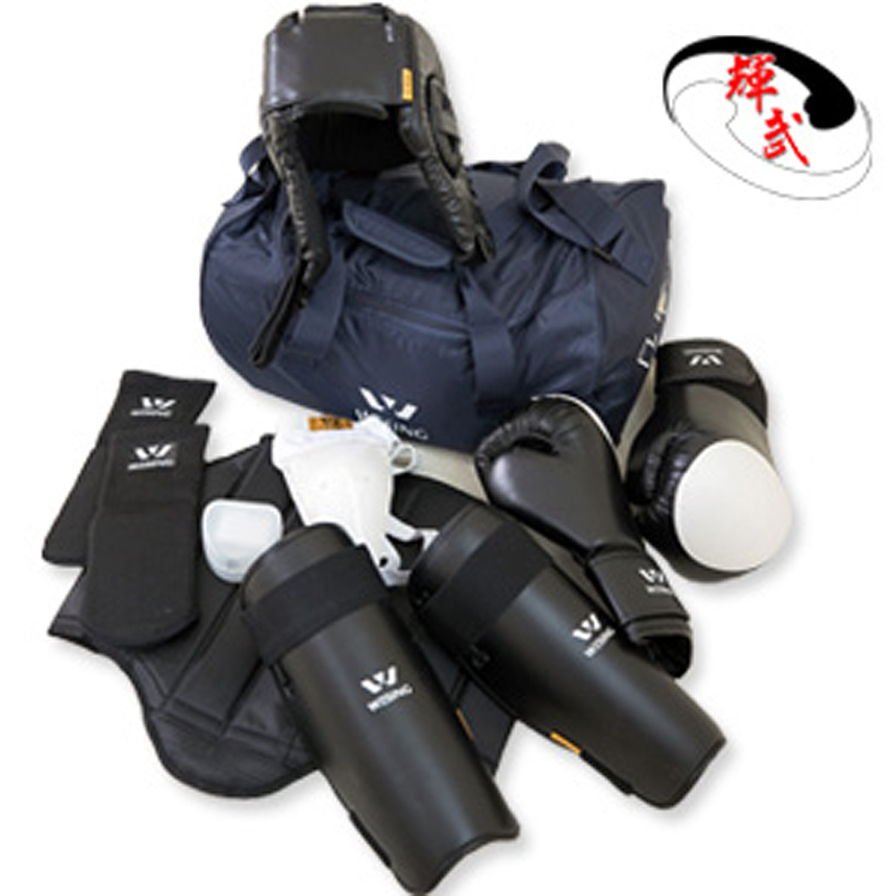 九日山-比賽指定-拳擊散打泰拳訓練專用護具八件套組/護具組-L(黑)