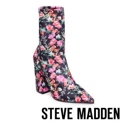 STEVE MADDEN-LOMBARD-FLORAL 尖頭粗跟短筒套靴-花漾黑