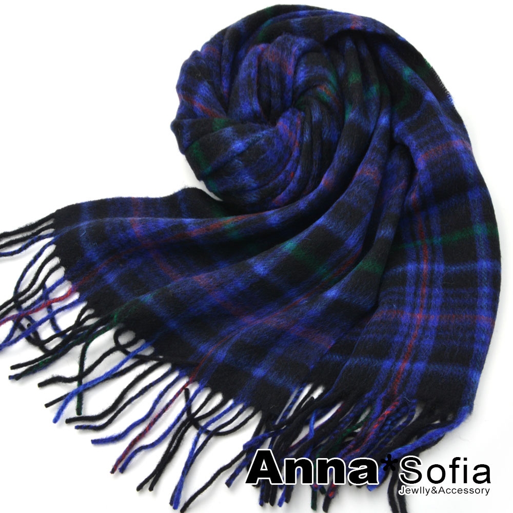 AnnaSofia 經典格紋 窄版羊毛圍巾(黑底藍線格)