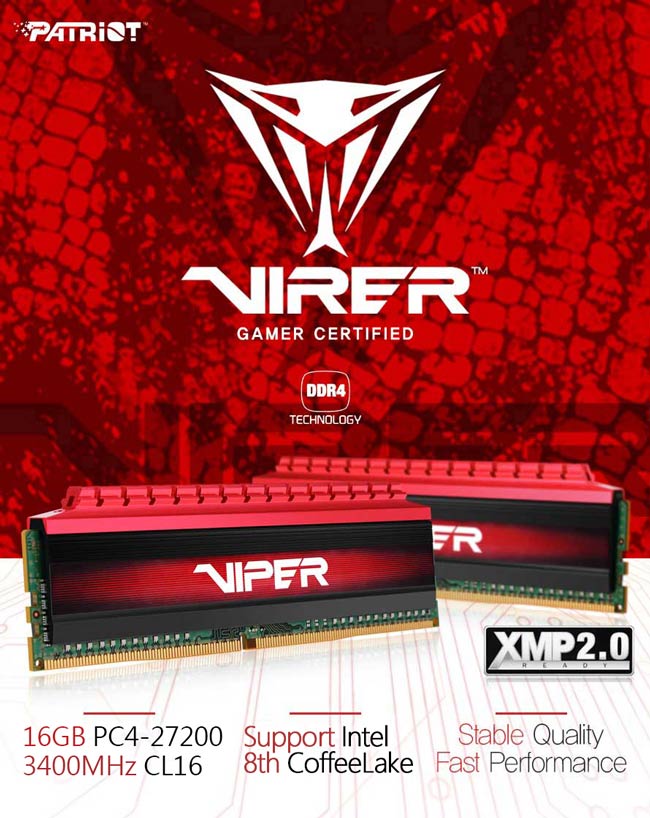Patriot Viper毒蛇四代 DDR4 3400 16GB (2x8G)桌上型記憶體