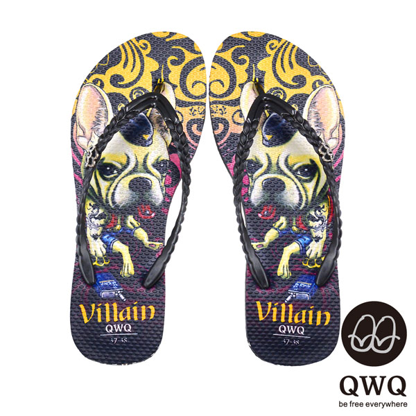 QWQ夾拖的創意(女) - Villain Dog側鑽鍊夾腳拖鞋 - 壞壞黑