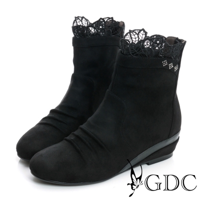 GDC個性-蕾絲絨布面真皮楔型短靴-黑色