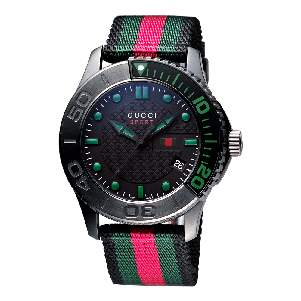 GUCCI G-Timeless Sport 時尚腕錶-黑/綠/44mm