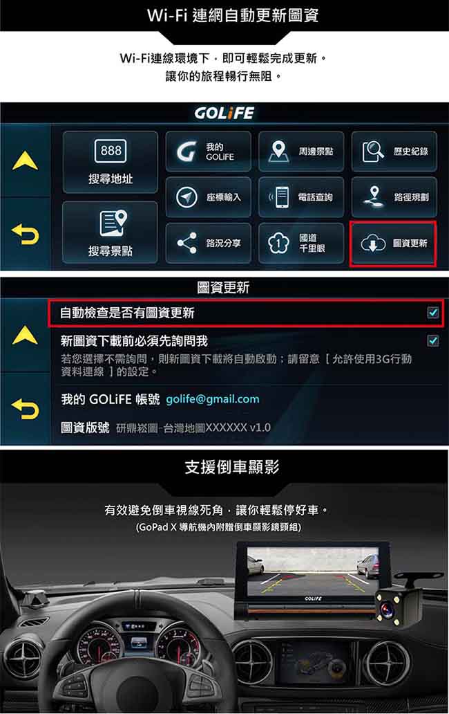 GOLiFE GoPad X 智慧四合一WiFi中控行車導航平板 (附倒車顯影鏡頭組)~速