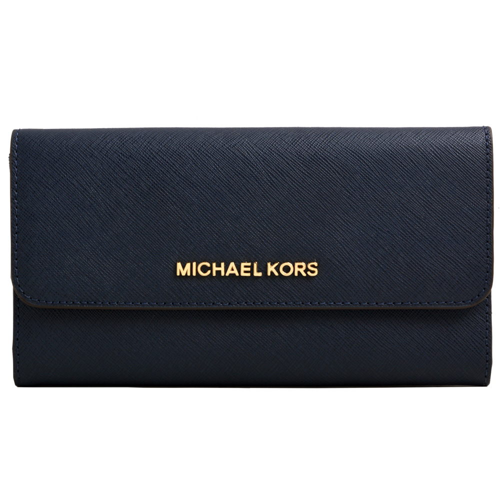 MICHAEL KORS JET SET TRAVEL 金字防刮皮革翻蓋長夾-海軍藍