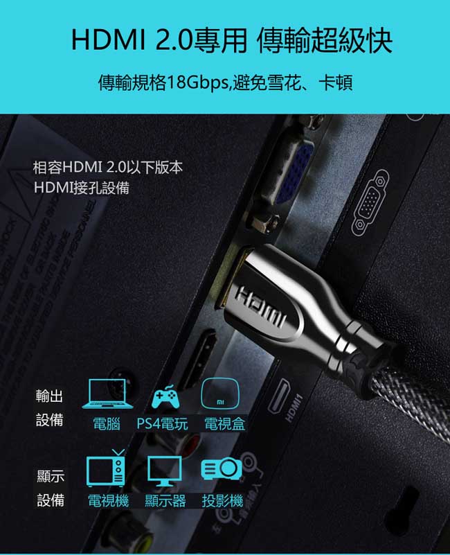 ONTEN歐騰HDMI 2.0 4K專用鍍金編織線(OTN-8307)-3米