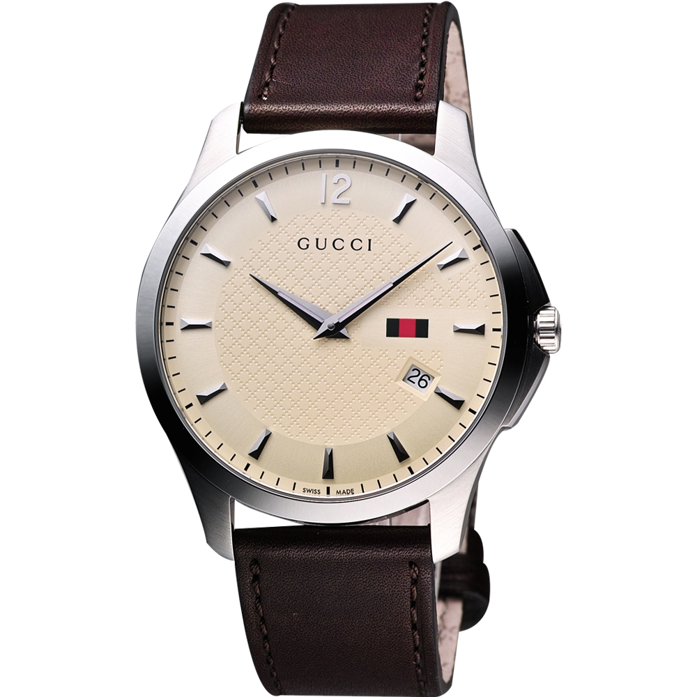 GUCCI G-Timeless 格紋薄型時尚腕錶-米x咖啡/40mm