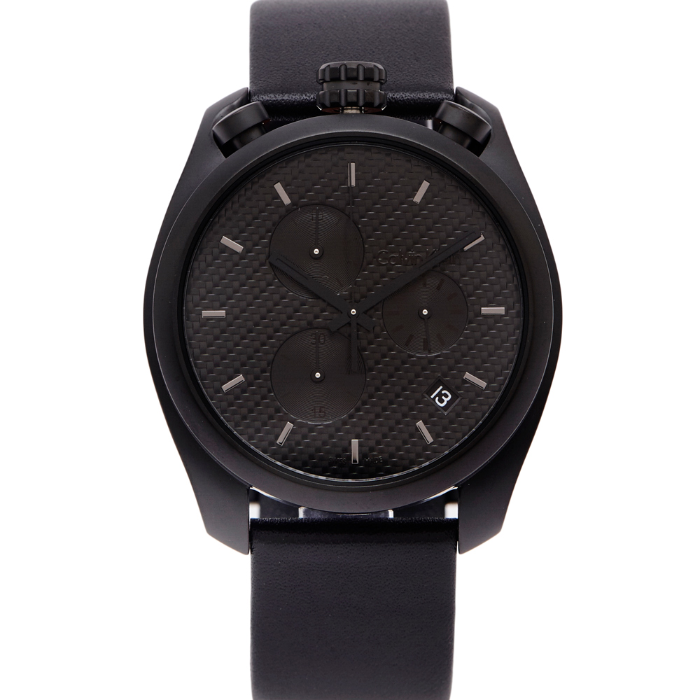 CK Calvin Klein雅痞編織紋三眼手錶(K6Z574C1)-黑面X黑色/44mm