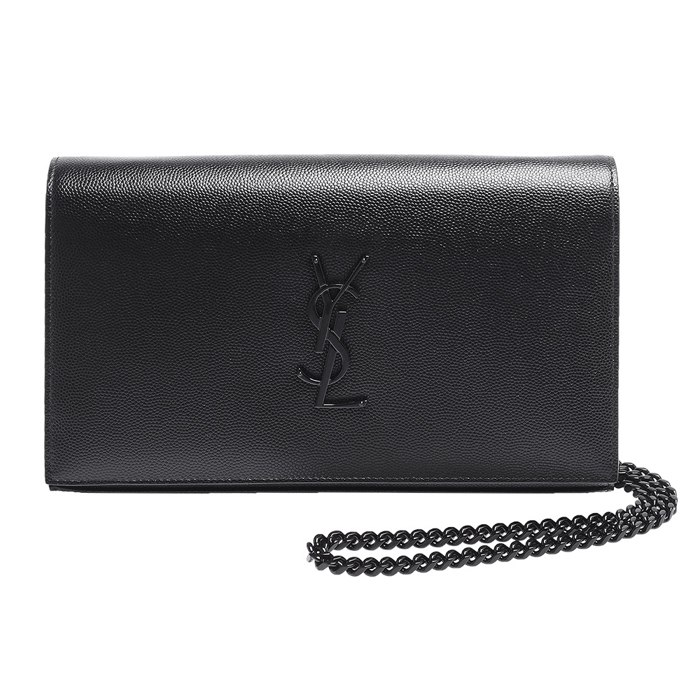 YSL Saint Laurent 經典黑色金屬LOGO荔枝紋牛皮手拿/斜背包(黑)