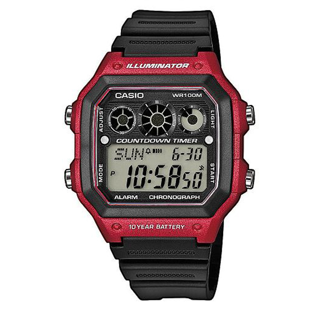 CASIO 10年電力亮眼設計方形數位錶(AE-1300WH-4A)紅框x黑錶圈/42mm