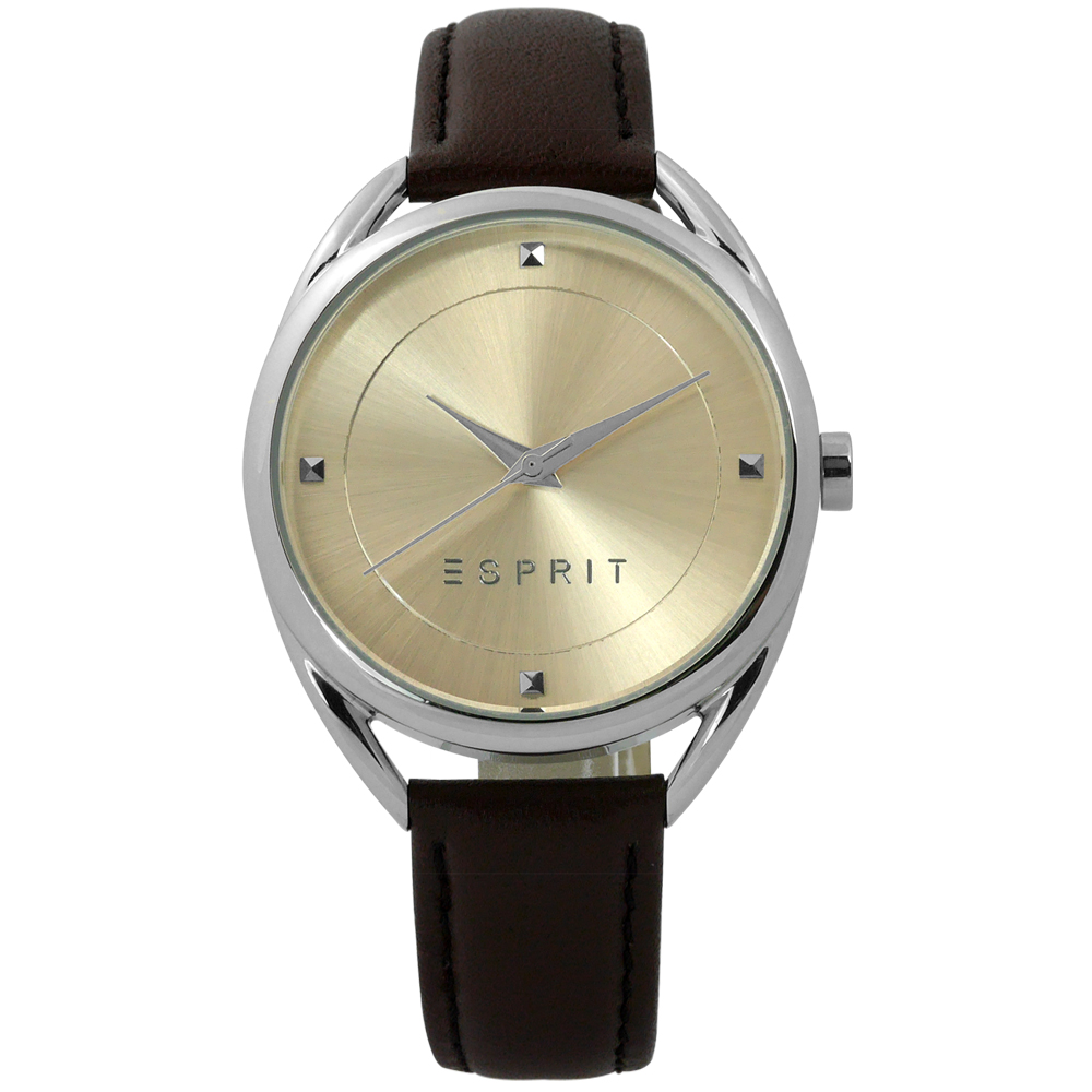 ESPRIT 簡約百搭超凡品味真皮女錶-米黃x深咖啡/36mm