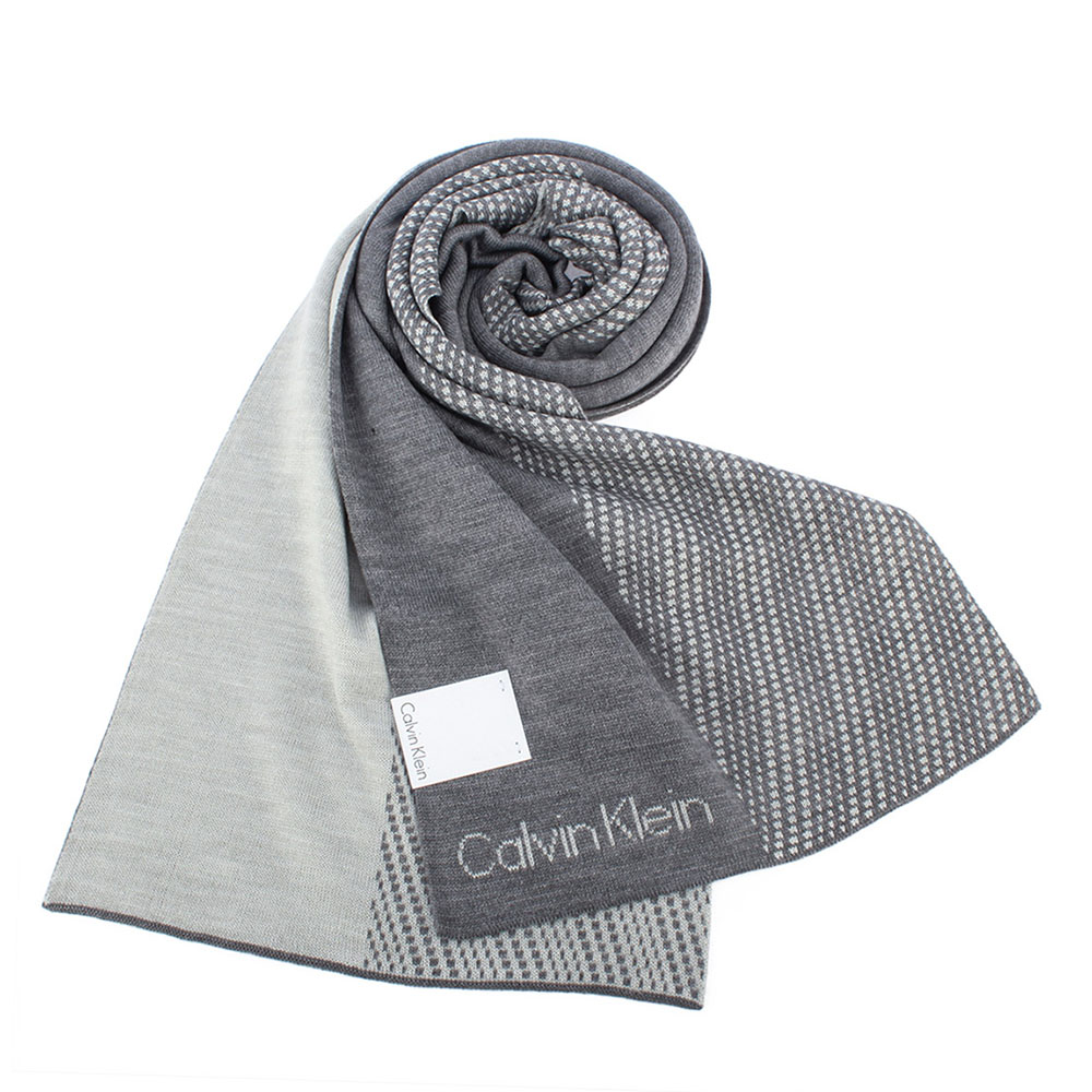 Calvin Klein CK 格點拼色針織圍巾-淺灰色