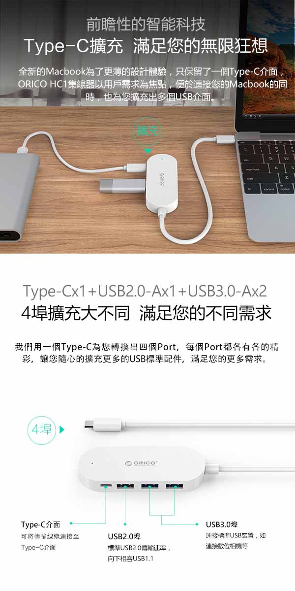 ORICO Type-C 4埠USB3.1 HUB二合一集線器-HCD1