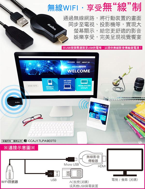 aibo 整合系統升級版 無線WIFI HDMI 影音傳輸器(iOS/安卓/Windows