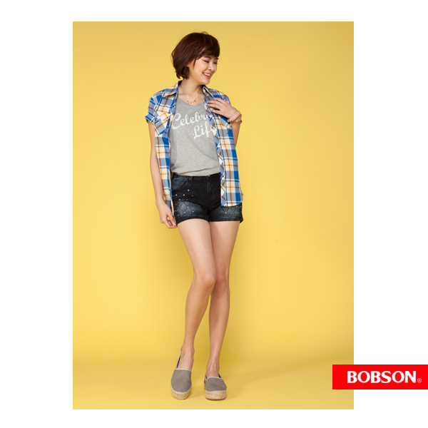 BOBSON 女款格紋短袖襯衫(藍24137-54)