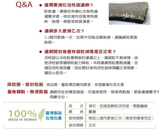 怡悅沸石/活性碳CZ除臭濾網 適尚朋堂SA-2203C SA-2255F空氣清淨機-6片