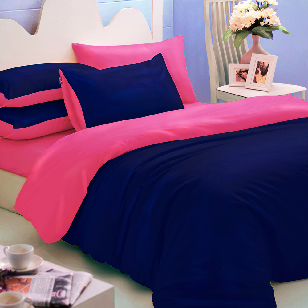 英國Abelia 繽紛混搭 特大四件式天使絨被套床包組-深藍*桃紅