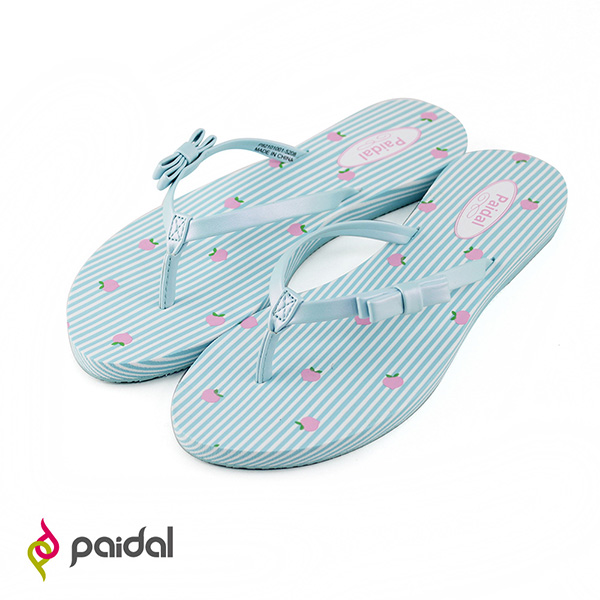 Paidal條紋淺藍蝴蝶結耳帶夾腳拖鞋-桃子