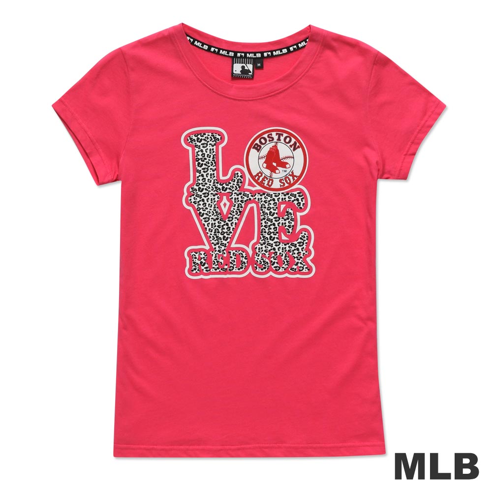MLB-波士頓紅襪隊豹紋LOVE植絨印花T恤-深粉紅(女)