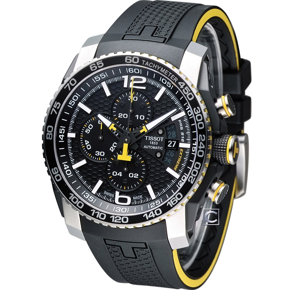 Tissot PRS 516 天梭 賽車運動機械腕錶-黑x黃/45mm
