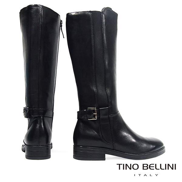 Tino Bellini 歐洲進口金屬釦拼接彈力帶平底長靴_ 黑