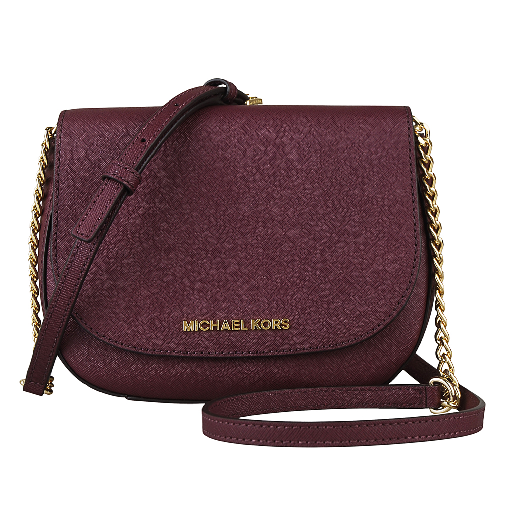 MICHAEL KORS 金字防刮皮革金鏈帶磁釦斜背包(小/李子紫紅)