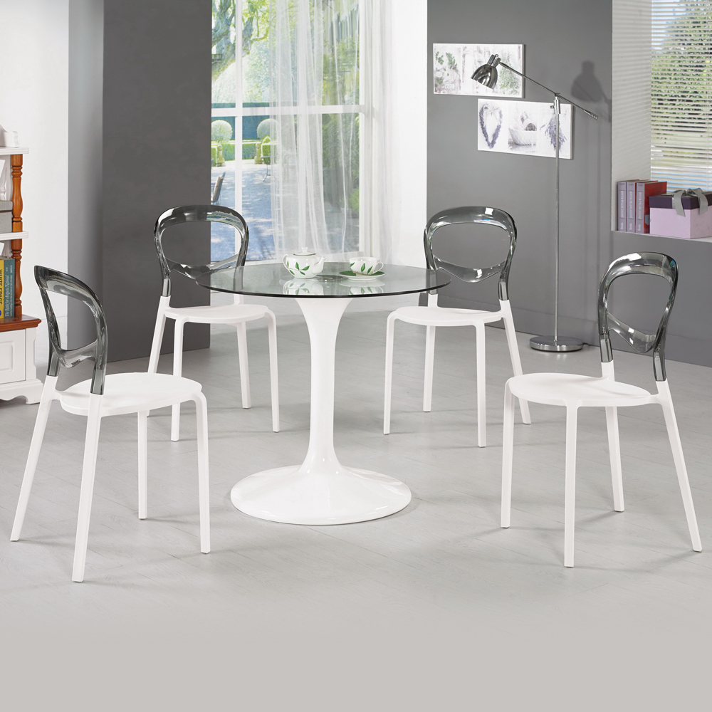 Bernice-透明圓型玻璃洽談桌/餐桌椅組(一桌四椅)80x80x73cm