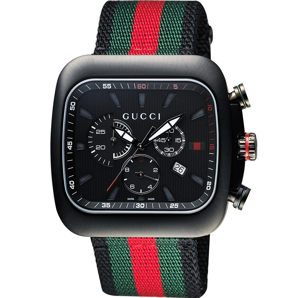 GUCCI Coupe 古馳復刻美學計時腕錶-黑x紅綠/44mm