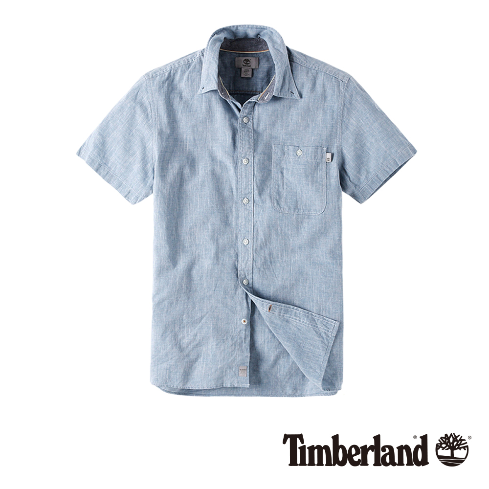 Timberland 男款石頭藍棉麻修身短袖襯衫
