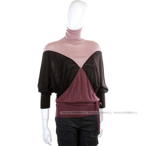 PULLAROUND 撞色幾何拼接高領針織上衣(咖x紫x粉)