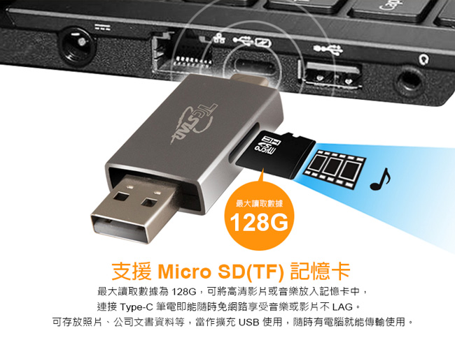 TCSTAR Type-C/USB雙接頭Micro SD讀卡機 TYC-CR001GR