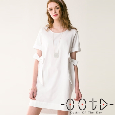兩側綁帶圓領短袖洋裝(白色)-OOTD