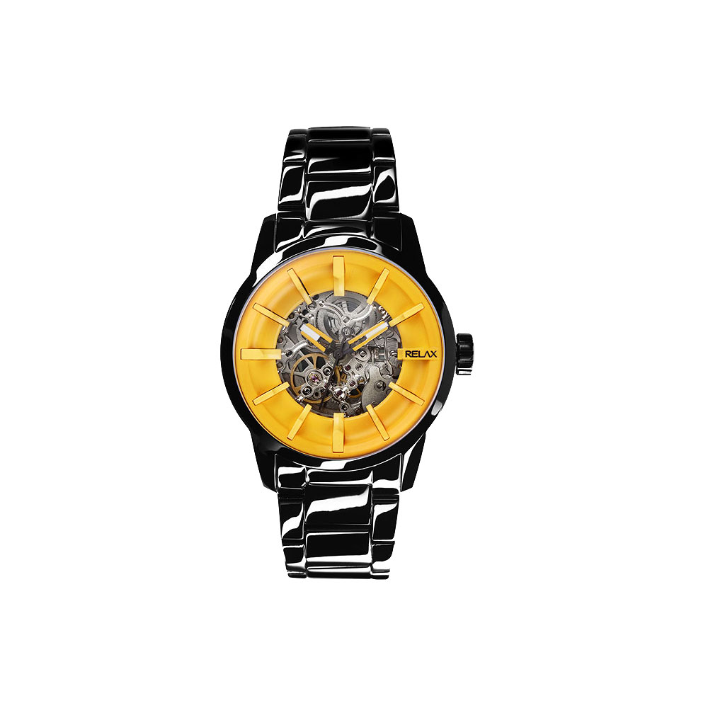 Relax Time 馬卡龍鏤空系列時尚機械腕錶-黃xIP黑/45mm