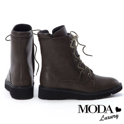 中筒靴 MODA Luxury 街頭率性魅力皮革綁帶中筒軍靴－咖