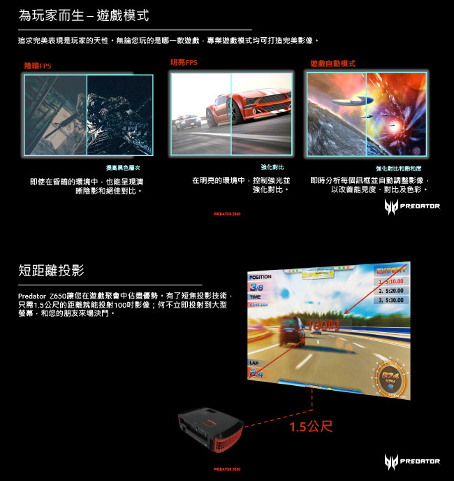 [電競專用] acer Full HD 短焦遊戲投影機 Z650 (2200流明)