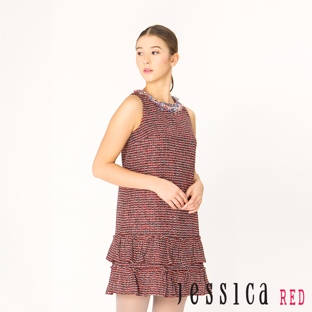 JESSICA RED - 時尚流蘇領荷葉擺修身洋裝（紅）