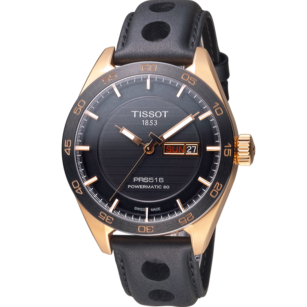 TISSOT PRS 516 Small Second 機械腕錶-黑x玫瑰金/42mm