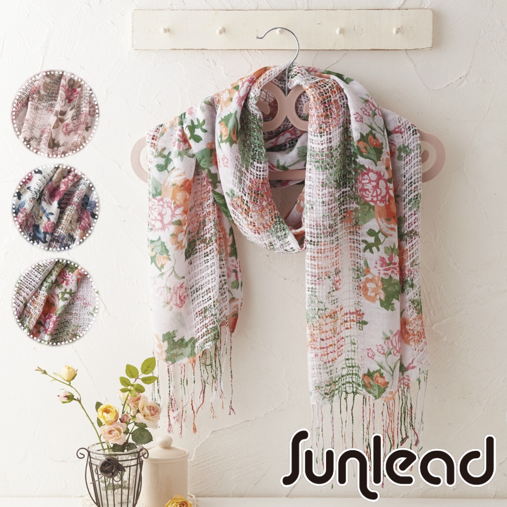 Sunlead 日系浪漫花朵鏤空垂墜感遮陽長版圍巾/領巾/披肩