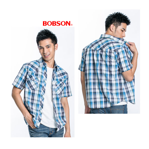 BOBSON 男款格紋短袖襯衫(淺藍23003-53)