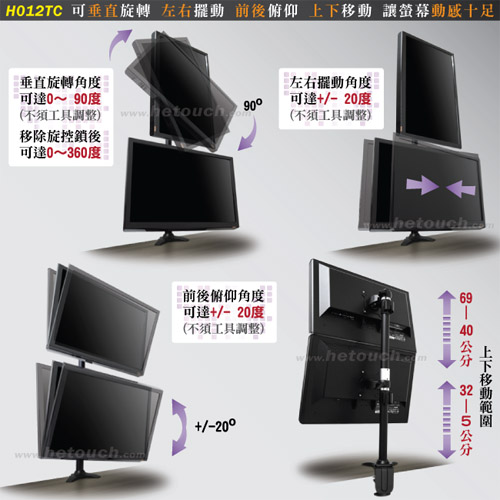 HE 32吋以下LED/LCD上下雙螢幕夾桌型支架(H012TC)