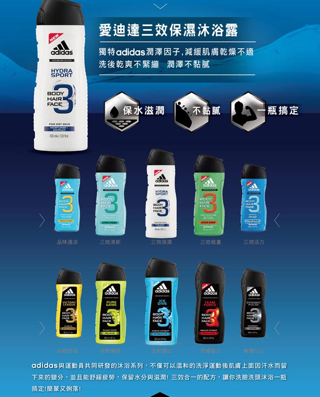 adidas愛迪達 男用三效活力潔顏洗髮沐浴露250ml