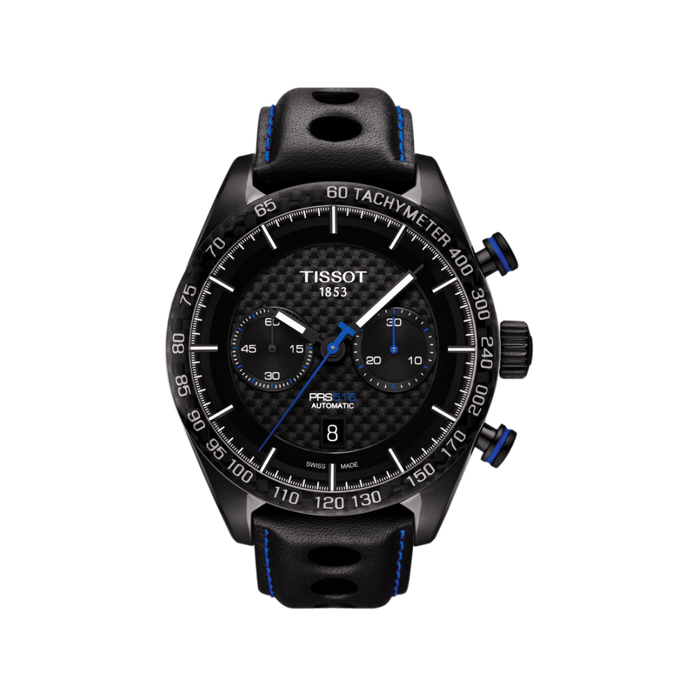 TISSOT 天梭 官方授權 PRS516 系列計時機械皮帶腕錶-黑x藍針/45mm T1004273620100