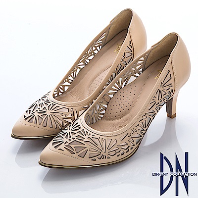 DN 俐落時尚 質感簍空電雕真皮舒適跟鞋-杏