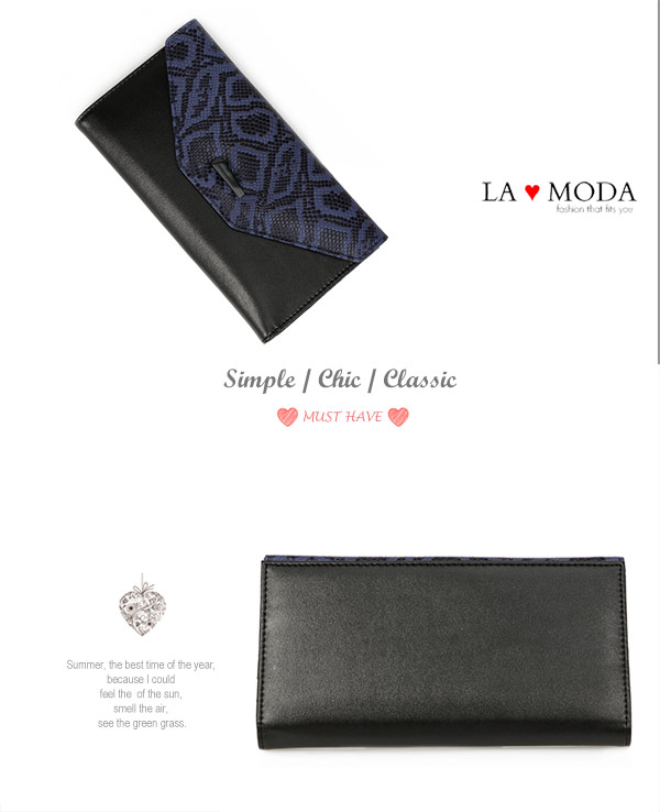 La Moda 設計感滿點~頭層真牛皮蛇紋壓紋薄型長夾(藍)