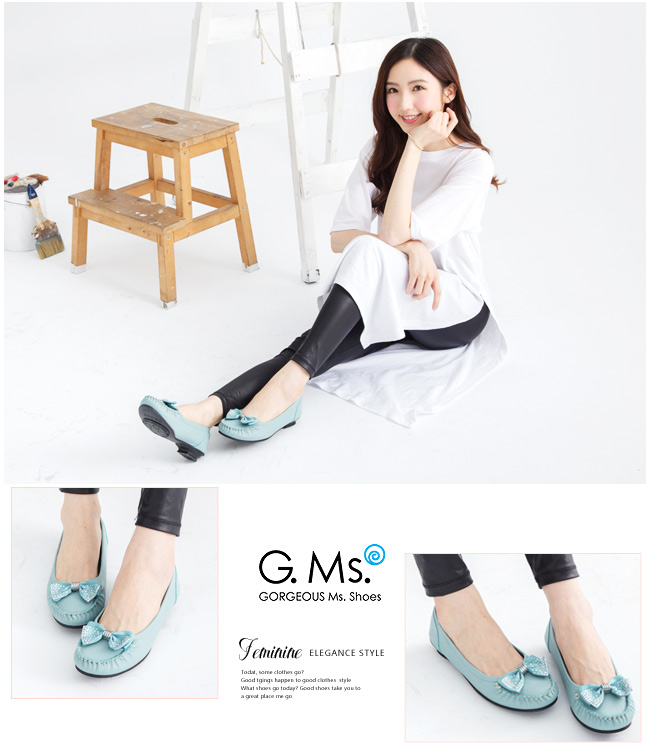 G.Ms. MIT系列-燙鑽蝴蝶結莫卡辛低跟鞋-淺藍