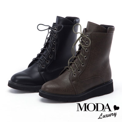 中筒靴 MODA Luxury 街頭率性魅力皮革綁帶中筒軍靴－咖